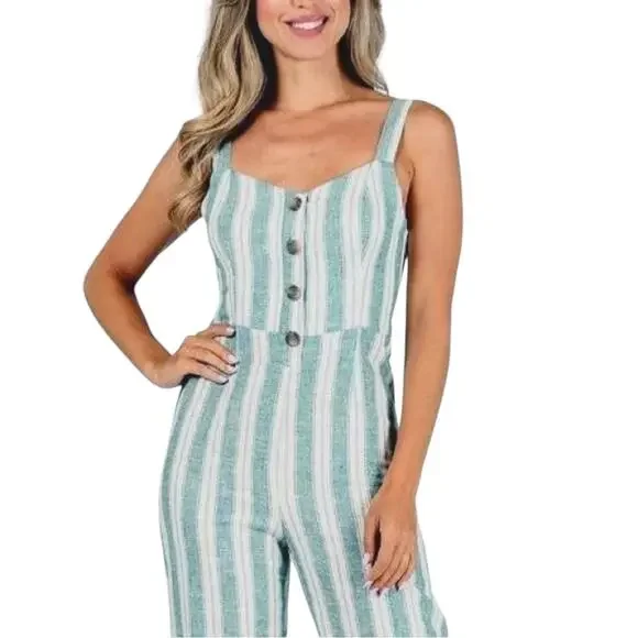 Womens Linen Blend Jumpsuit M Kelly Green Striped Wide Leg Sleeveless Tie Back - Picture 2 of 11